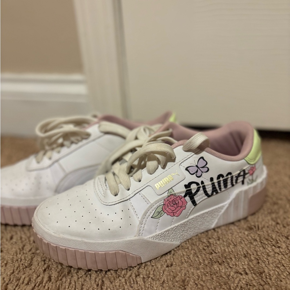 Puma Kids White Sneakers with Pink and Yellow Details